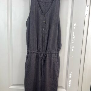 Prana Sleeveless Button Front Drawstring Jumpsuit in Charcoal Stripe L